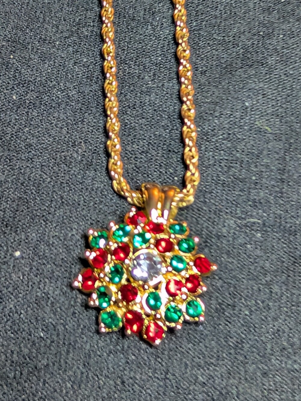 Vintage Christmas Holly Berry Rhinestone Pendant Necklace